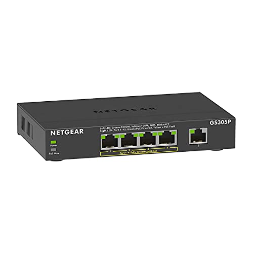 NETGEAR GS305P PoE Switch 4 Port Gigabit Ethernet LAN Switch PoE+ 63W (5 Ports Plug-and-Play Netzwerk Switch PoE, lüfterlos, robustes Metallgehäuse)