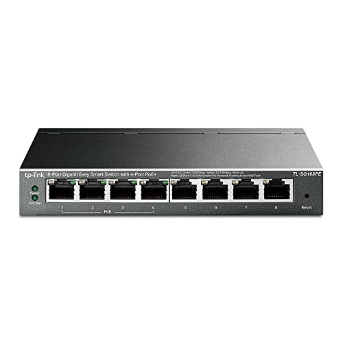 TP-Link TL-SG108PE Managed PoE Switch, 8 Port Gigabit Network Switch mit 4 PoE+ Ports (64 W, 802.3af/at PoE+, Lüfterlos, Plug-and-Play, Robustes Metallgehäuse) Schwarz