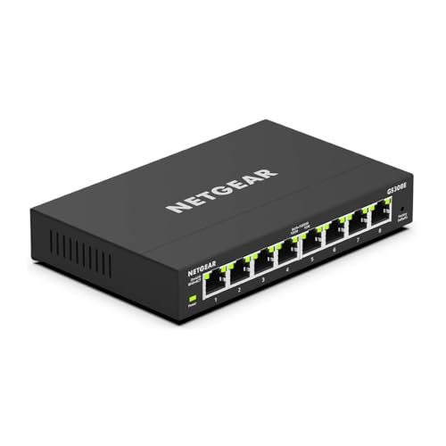 NETGEAR GS308E Managed Switch 8 Port Gigabit Ethernet LAN Switch Plus (Plug-and-Play Netzwerk Switch Managed, IGMP Snooping, QoS, VLAN, lüfterlos, Robustes Metallgehäuse) Schwarz
