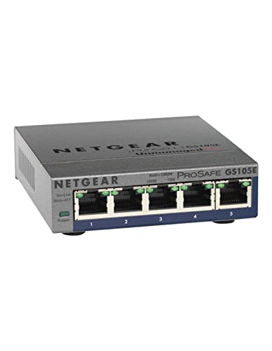 Netgear GS105E Managed Switch 5 Port Gigabit Ethernet LAN Switch Plus (Netzwerk Switch Managed, IGMP, QoS, VLAN, lüfterlos, robustes Metallgehäuse, ProSAFE Lifetime-Garantie), Grau