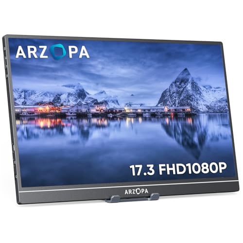 ARZOPA Portable Monitor, 17.3 Zoll Tragbarer Monitor, 1920x1080 Full HD, 100% SRGB IPS Externer Mobiler Bildschirm mit HDMI/Typ-C/USB-C, für Laptop/PC/Mac/PS5/Xbox