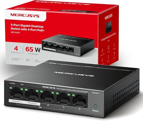 Mercusys MS105GP PoE Switch 5-Port Gigabit LAN Switch mit 4 PoE+ Ports (65 Watt, IEEE-802.3af/at PoE, lüfterlos, Plug-and-Play, Robustes Metallgehäuse)