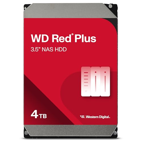 WD Red Plus interne Festplatte NAS 4 TB (3,5 Zoll, Workload-Rate 180 TB/Jahr, 5.400 U/min, 256 MB Cache, 180 MB/s Übertragungsrate, NASware-Firmware für Kompatibilität, 8 Bays) Rot