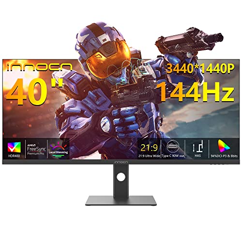 INNOCN 4k Gaming Monitor 40" - Ultrawide, 144Hz 2ms(GTG) - 3440 * 1440P Bildschirm mit FreeSync, 21:9 IPS widescreen, HDR 400,100% sRGB, HDMI 2.0, USB C 90W, Höhenverstellbar, 40C1R