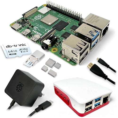 db-tronic Raspberry Pi 4 4GB Starter-Kit | USB-C Netzteil 15W | Gehäuse | 64GB SD Karte | 4k Micro HDMI Kabel | Kühlkörper Set